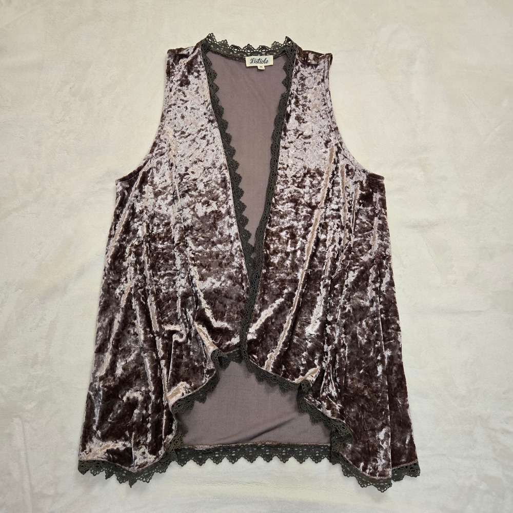 Listicle Womens Crushed Velvet Open Front Vest Mauve Lace Trim LJ0053 Size M - Picture 10 of 10
